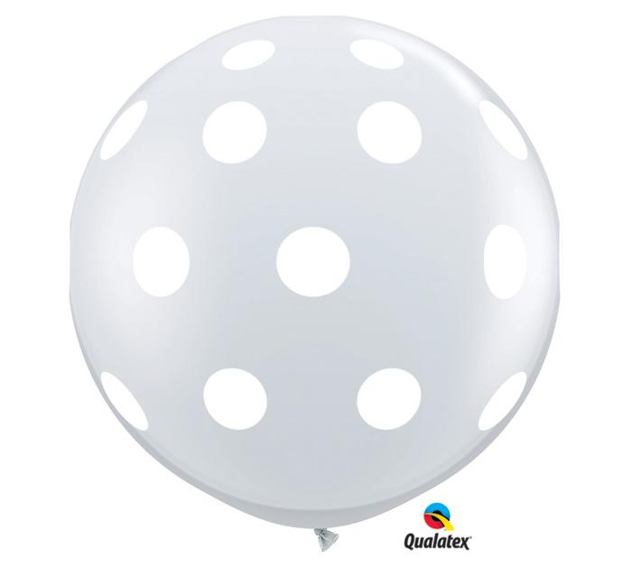 White Polka Dot on Clear Jumbo Round Latex Balloons- Set of 2